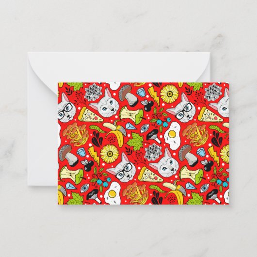 Kat en ei op rood notitiekaartje (Voorkant)