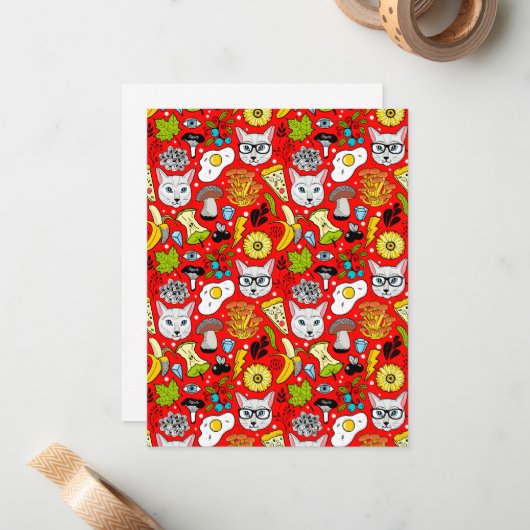 Kat en ei op rood notitiekaartje (Voorkant / Achterkant in situ)