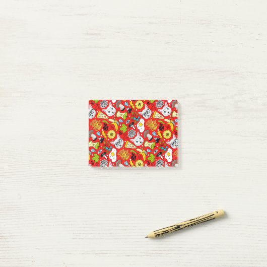 Kat en ei op rood post-it® notes (Op bureau)