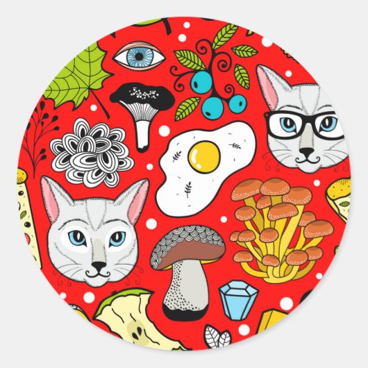 Kat en ei op rood ronde sticker (Voorkant)
