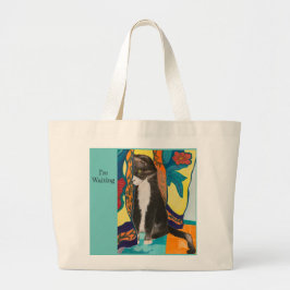 Kat en geborduurde gordijnen grote tote bag