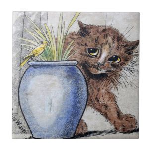 Kat en geel kleine vogel, Louis Wain Tegeltje
