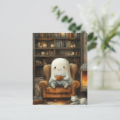 Kat en geest in de bibliotheek met koffie briefkaart (Staand voorkant)