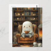 Kat en geest in de bibliotheek met koffie briefkaart (Voorkant / Achterkant)