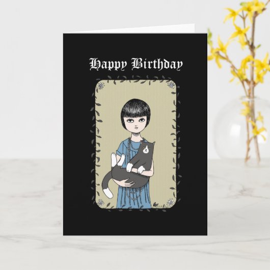 Kat en Gothic Meisje Creepy Dark Art Happy Birthda Kaart (Gele Bloem)