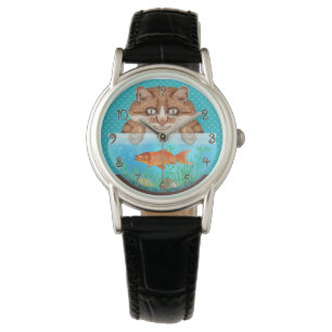 Kat en goudvis Bowl Hungry Funny Grinning Kat Horloge