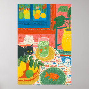 Kat en Goudvis Keuken Kunstprint Kleurrijke Stille Poster