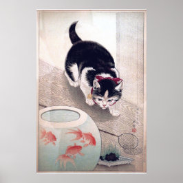  kat en goudvis kom Japanse kunst Poster