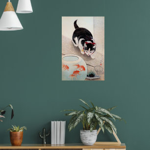 Kat en goudvissenkom kunstwerk, poster