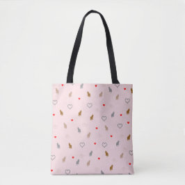 Kat- en hartpatroonpastelroze tote bag