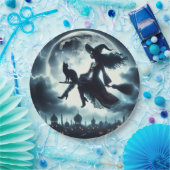 Kat en heks vliegen op een bezemsteel papieren bordje (Feest)