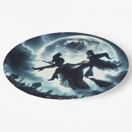 Kat en heks vliegen op een bezemsteel papieren bordje (Gekanteld)