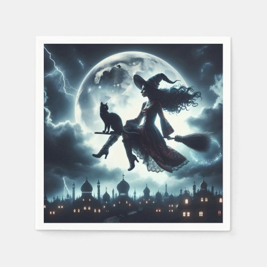 Kat en heks vliegen op een bezemsteel servet (Voorkant)