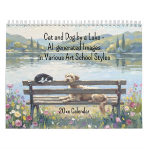 Kat en hond bij een meer door AI gegenereerde afbe Kalender