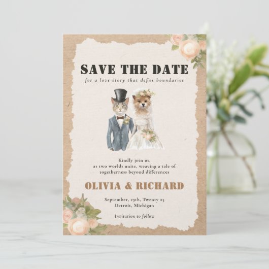 Kat en Hond Bruiloft Save the Date Uitnodiging (Staand voorkant)