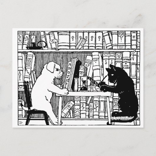 Kat en hond in de bibliotheek briefkaart (Voorkant)