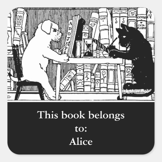Kat en Hond in de Bibliotheek Ex Libris Vierkante Sticker (Voorkant)