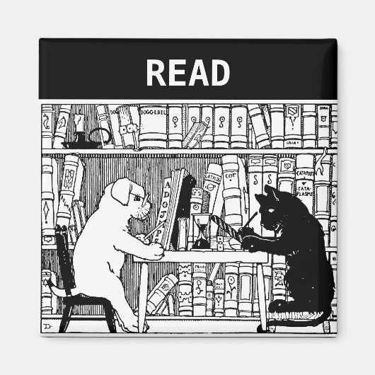 Kat en hond in de bibliotheek magneet (Voorkant)