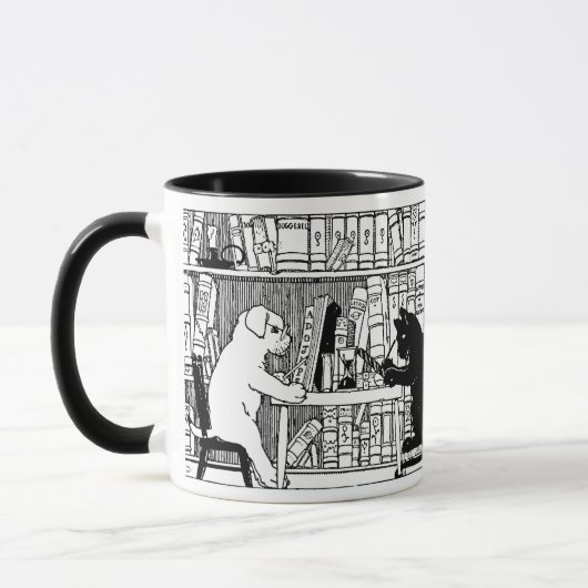 Kat en hond in de bibliotheek mok (Links)