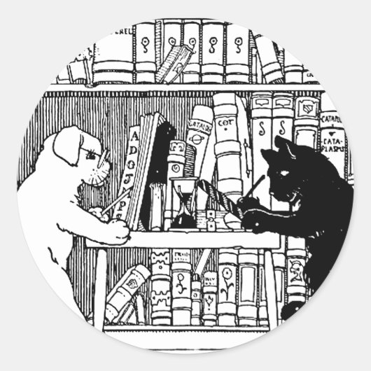 Kat en hond in de bibliotheek ronde sticker (Voorkant)
