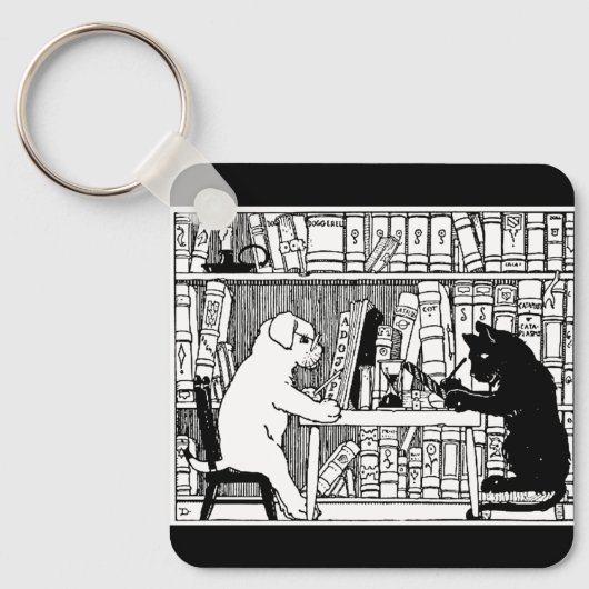 Kat en hond in de bibliotheek sleutelhanger (Voorkant)