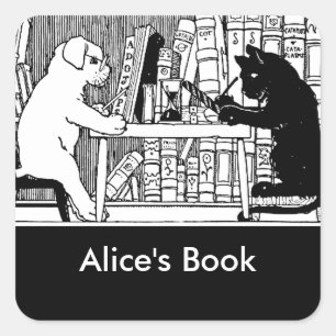 Kat en hond in de bibliotheek vierkante sticker