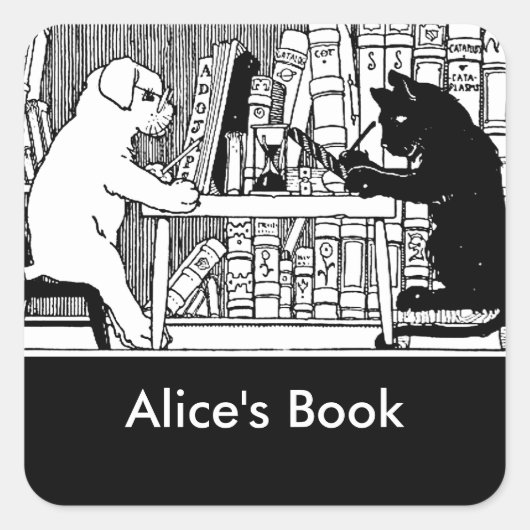 Kat en hond in de bibliotheek vierkante sticker (Voorkant)