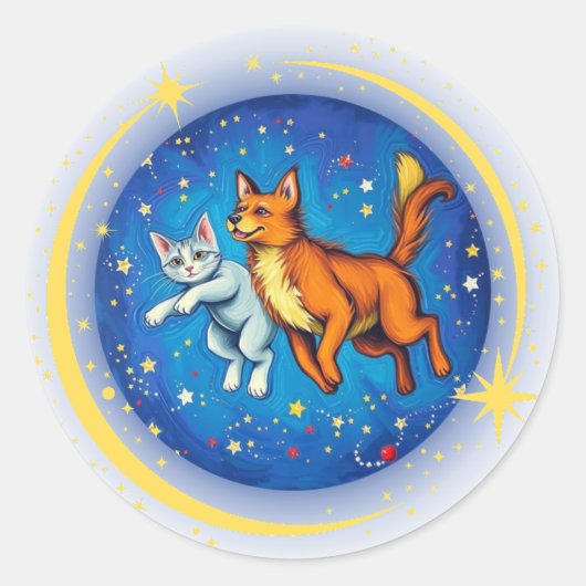 Kat en hond in de ruimte ronde sticker (Voorkant)