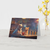 Kat en hond in een bar praten over verjaardagen kaart (Gele Bloem)