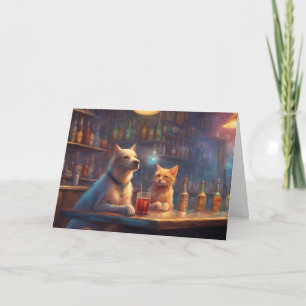 Kat en hond in een bar praten over verjaardagen kaart