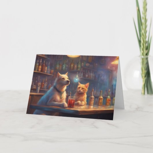 Kat en hond in een bar praten over verjaardagen kaart (Voorkant)