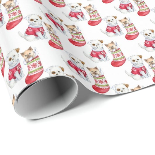 Kat en hond in kerstmis cadeaupapier (Rol Hoek)