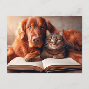 Kat en hond lezen van een boek briefkaart