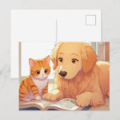 Kat en hond lezen van een boek briefkaart (Voorkant / Achterkant)