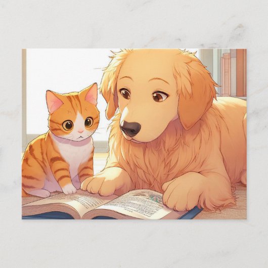 Kat en hond lezen van een boek briefkaart (Voorkant)