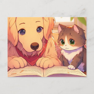 Kat en hond lezen van een boek briefkaart