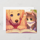 Kat en hond lezen van een boek briefkaart (Voorkant / Achterkant)
