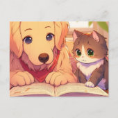 Kat en hond lezen van een boek briefkaart (Voorkant)