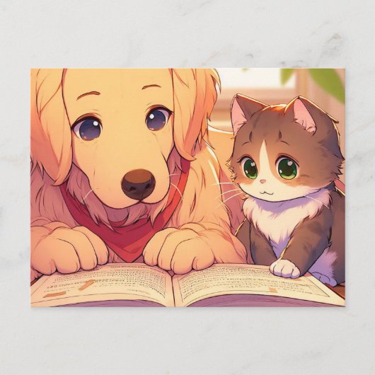 Kat en hond lezen van een boek briefkaart (Voorkant)
