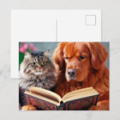 Kat en hond lezen van een boek briefkaart (Voorkant / Achterkant)