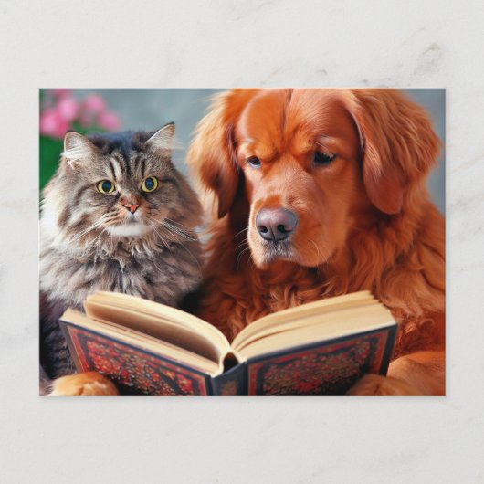 Kat en hond lezen van een boek briefkaart (Voorkant)