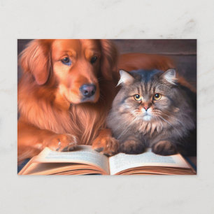 Kat en hond lezen van een boek briefkaart