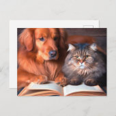 Kat en hond lezen van een boek briefkaart (Voorkant / Achterkant)