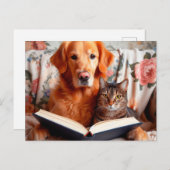 Kat en hond lezen van een boek briefkaart (Voorkant / Achterkant)