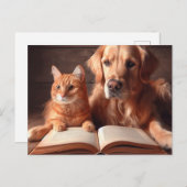 Kat en hond lezen van een boek briefkaart (Voorkant / Achterkant)