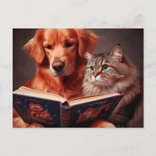 Kat en hond lezen van een boek briefkaart (Voorkant)