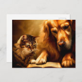 Kat en hond lezen van een boek briefkaart (Voorkant / Achterkant)