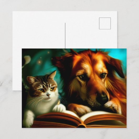 Kat en hond lezen van een boek briefkaart (Voorkant / Achterkant)
