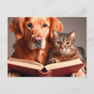 Kat en hond lezen van een boek briefkaart