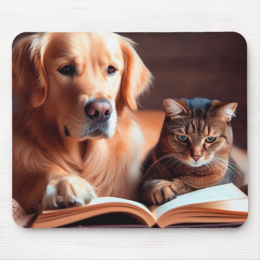 Kat en hond lezen van een boek muismat (Voorkant)